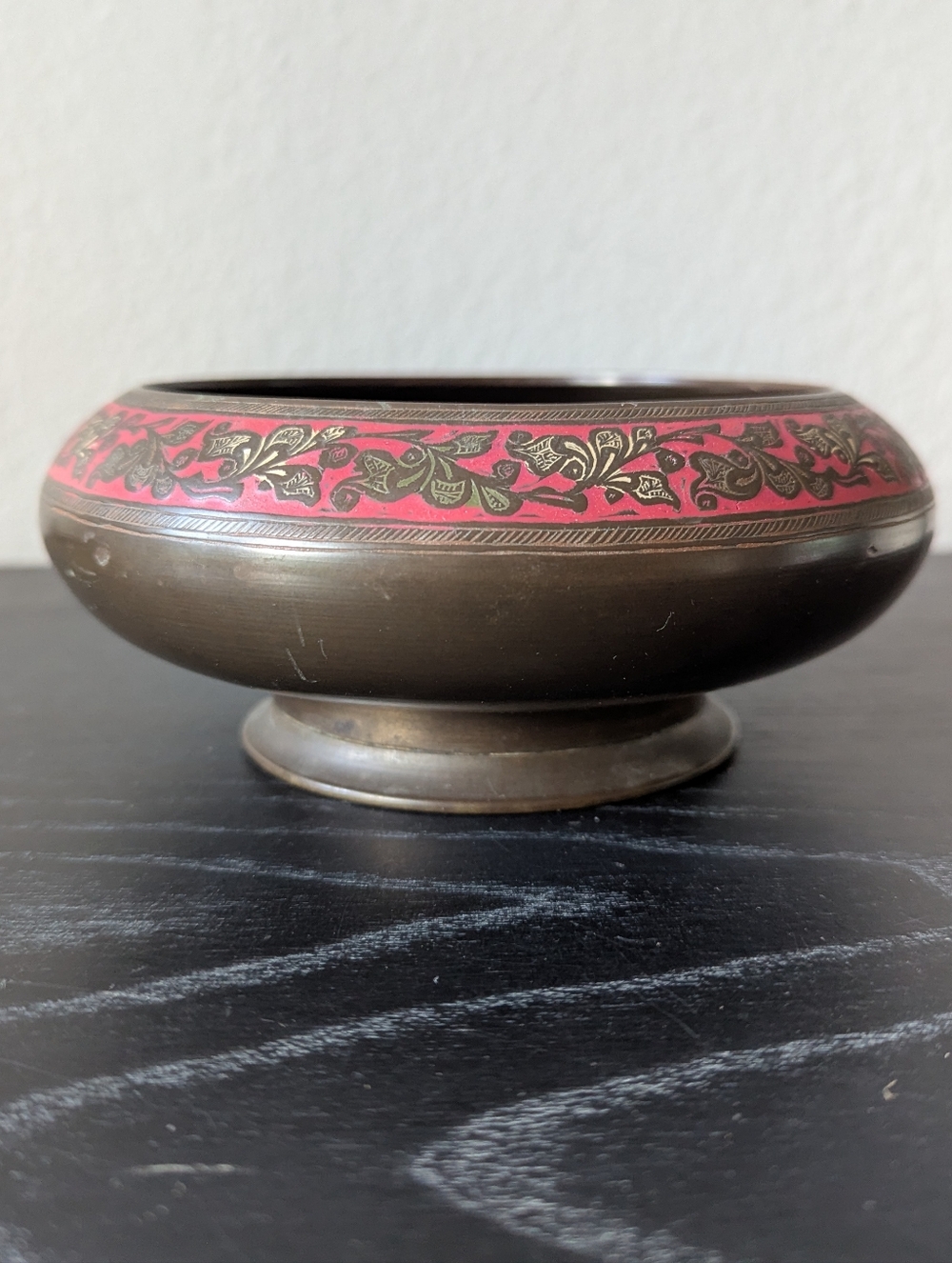 Vintage Brass Cloisonné Pedestal Bowl Etched Floral Design Pink Enamel 5.5"